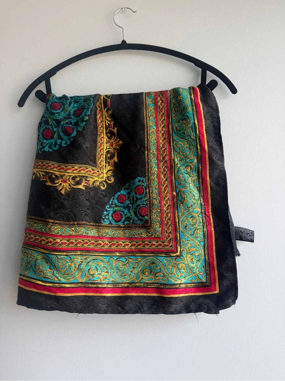 Vintage Collectible Ornate Gold Black Base Floral Red Teal Scarf